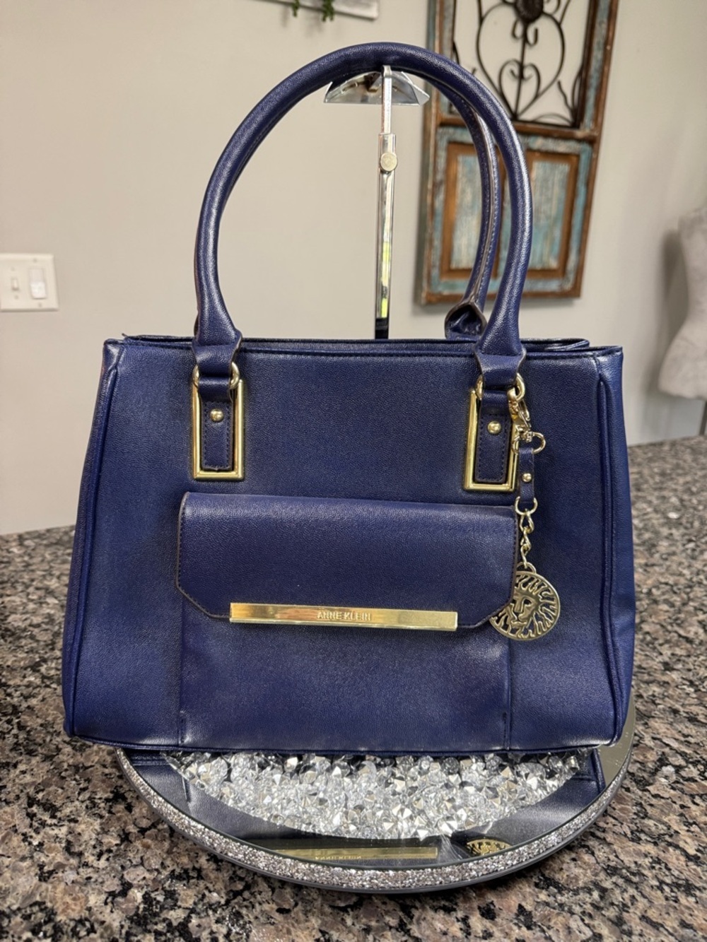 Anne Klein Royal Navy Structured large Satchel with Gold Accents EUC